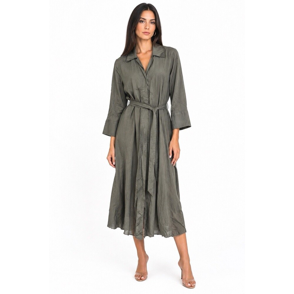 NWT Zara Collection Dark Khaki Poplin Shirt 3/4 Sleeve Midi Dress SZ XXL